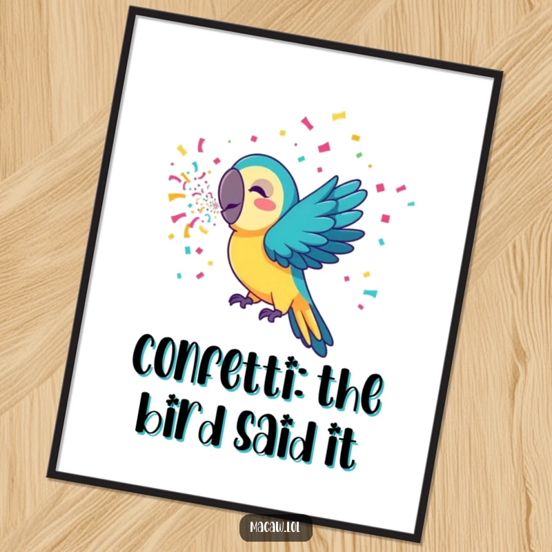 Funny free printable wall art of a vividly colored macaw bird joyfully blowing a cascade of colorful confetti from its beak.
