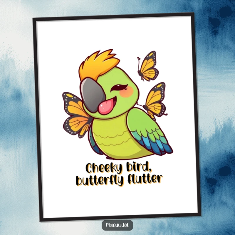 Funny Free Printable Wall Art: A cheeky macaw bird sticking its tongue out playfully at a passing butterfly. Playful, fun decor.