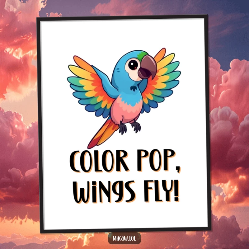 Funny Free Printable Wall Art: a kawaii macaw bird with spread wings displaying a stunning array of vibrant, swirling colors.