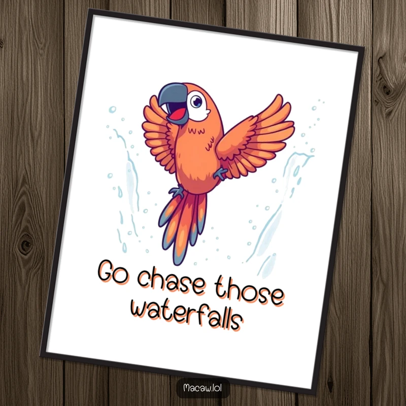 Funny Free Printable Wall Art: An energetic macaw comically diving with glee through a misty, splashing waterfall.