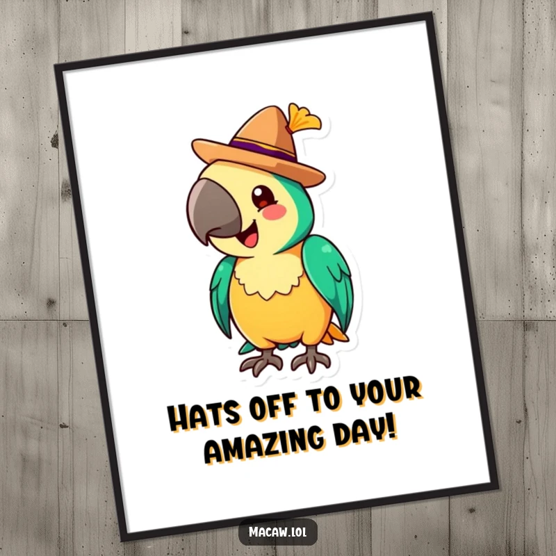 Funny Free Printable Wall Art: A cheerful macaw character wearing a tiny sombrero, tipping it with a flourish and a smile.