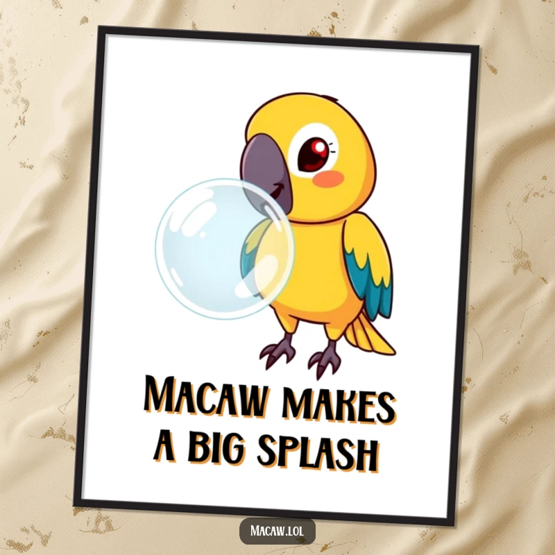 Funny Free Printable Wall Art: A macaw with a determined, concentrated face blows an enormous, shimmering bubble, showcasing impressive breath control.