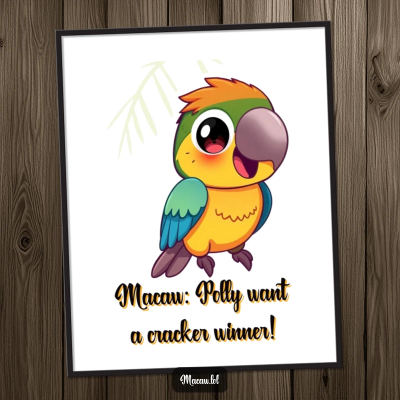 Funny Free Printable Wall Art: Vibrantly colored macaw bird with large curious eyes squawking happily.