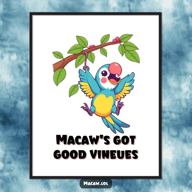Funny Free Printable Wall Art: A macaw playfully swings from a vine with immense excitement and a look of pure, unadulterated fun.