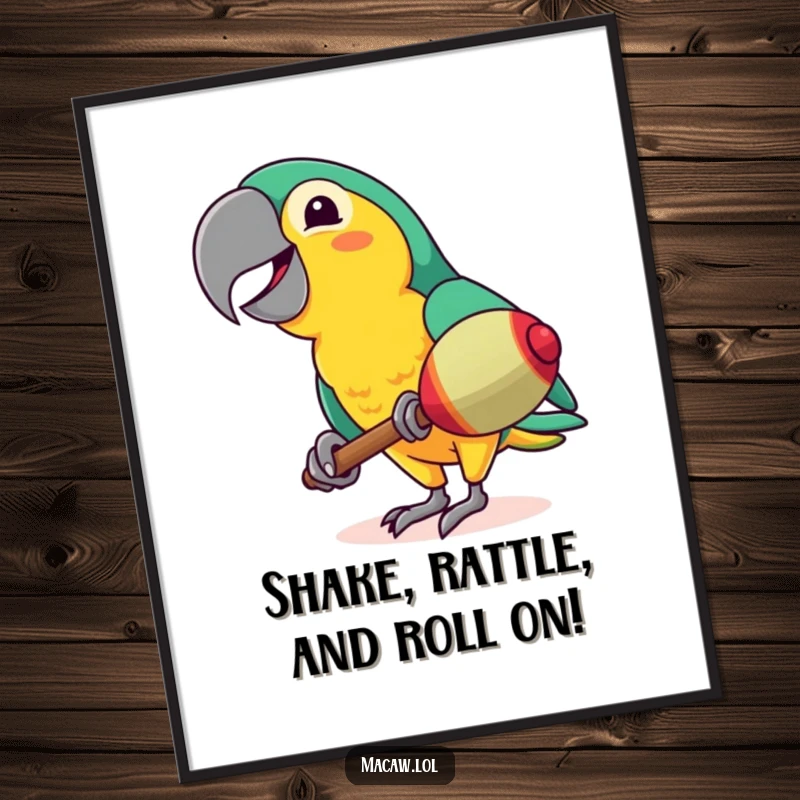 Funny Free Printable Wall Art: A vibrant macaw joyfully shaking a maraca with a wide, toothy smile, bringing festive energy.
