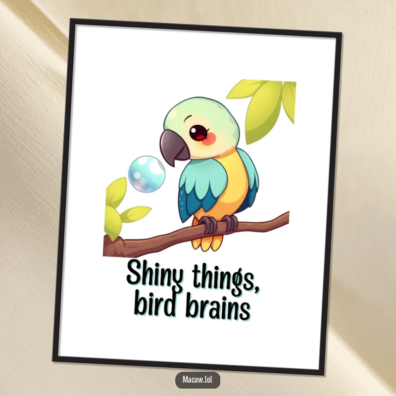 Funny Free Printable Wall Art: a kawaii macaw bird perched on a branch, captivated by the allure of a shiny object.