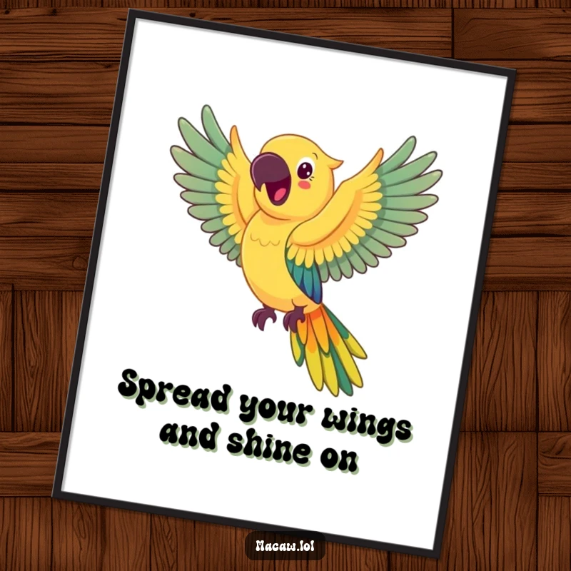 Funny Free Printable Wall Art: A happy macaw flies, its wings creating a vivid rainbow streak.