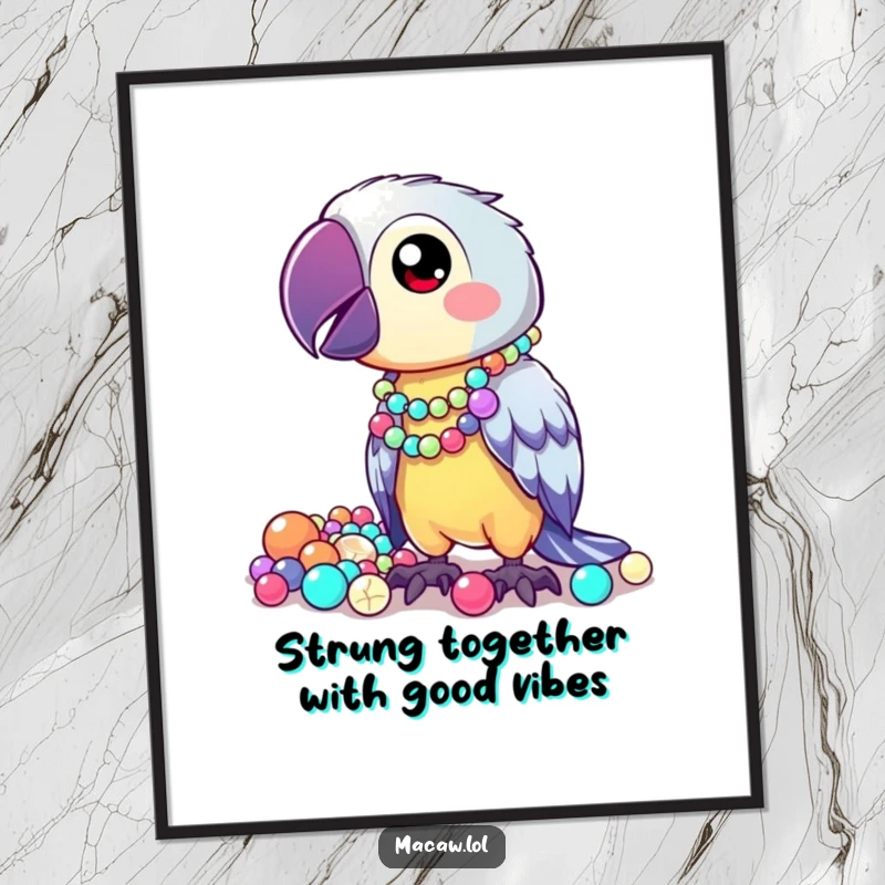 Funny Free Printable Wall Art: A kawaii macaw proudly showcasing a dazzling collection of shiny, mismatched beads.