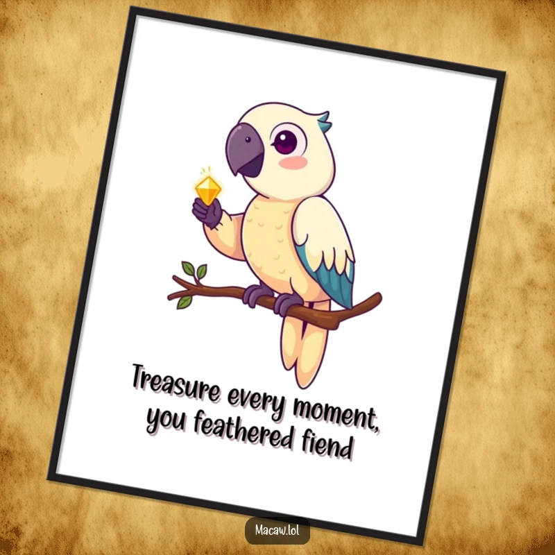 Funny Free Printable Wall Art: A curious macaw perches, guarding a gleaming, shiny treasure.