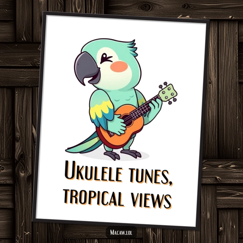 Funny Free Printable Wall Art: A stylized macaw with a wink strums a tiny ukulele, bringing tropical, musical vibes to your decor.