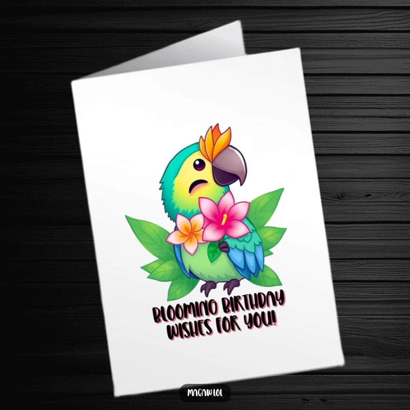Funny Free Printable macaw birthday card, a bird with bright feathers offering a tropical flower, elegant and cheerful downloadable greeting.