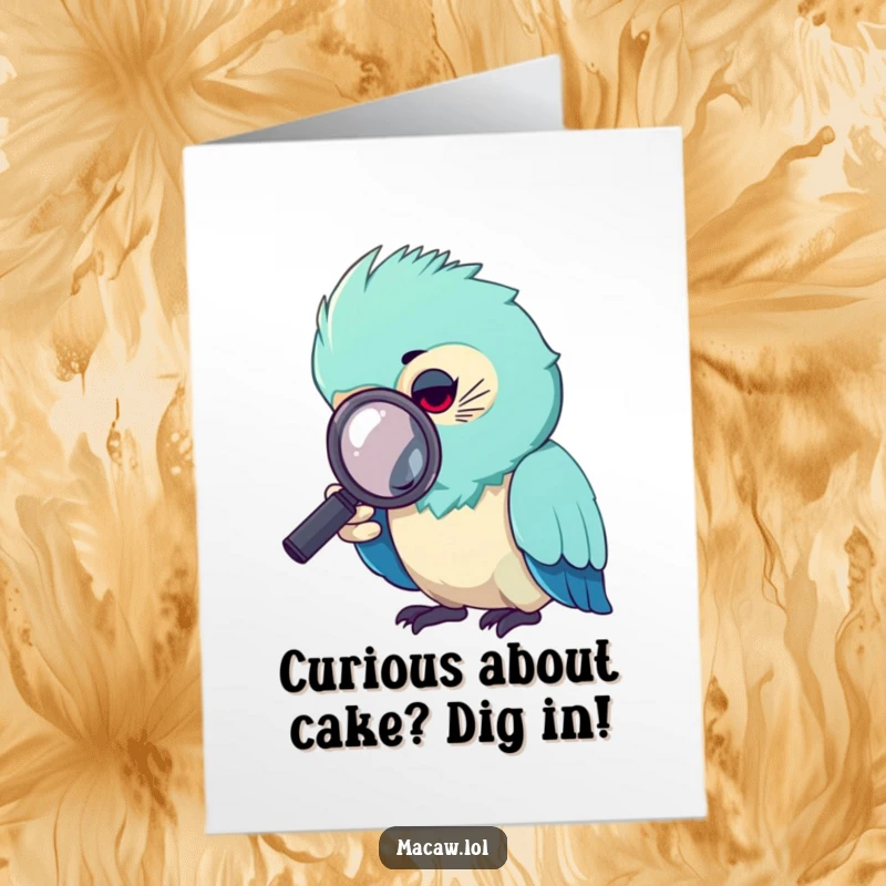 Funny Free Printable Birthday Card: A macaw looks intently through a magnifying glass at birthday surprises.