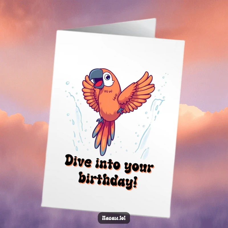 Funny Free Printable Birthday Card: An energetic macaw comically diving with glee through a misty, splashing waterfall.
