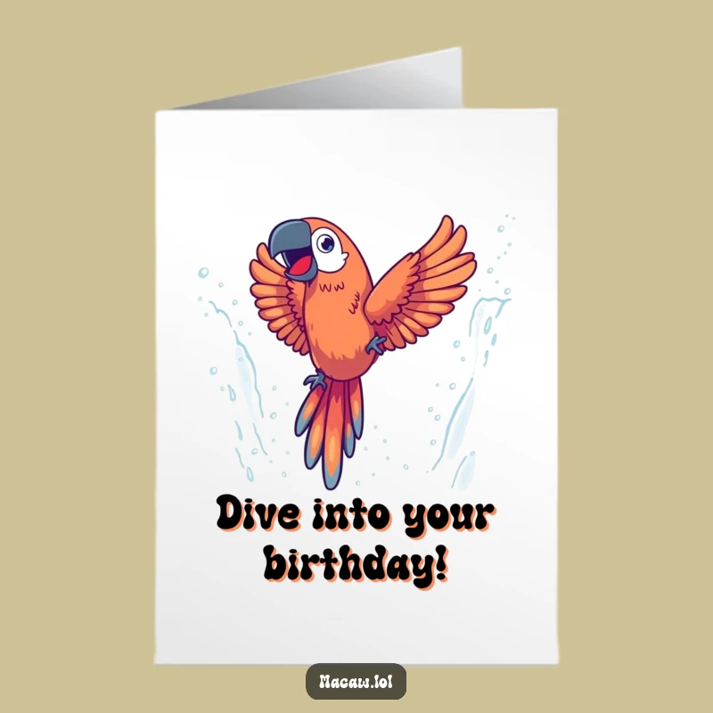 Free Printable Diving Macaw Birthday Card: Energetic Bird Splashes Through Waterfall