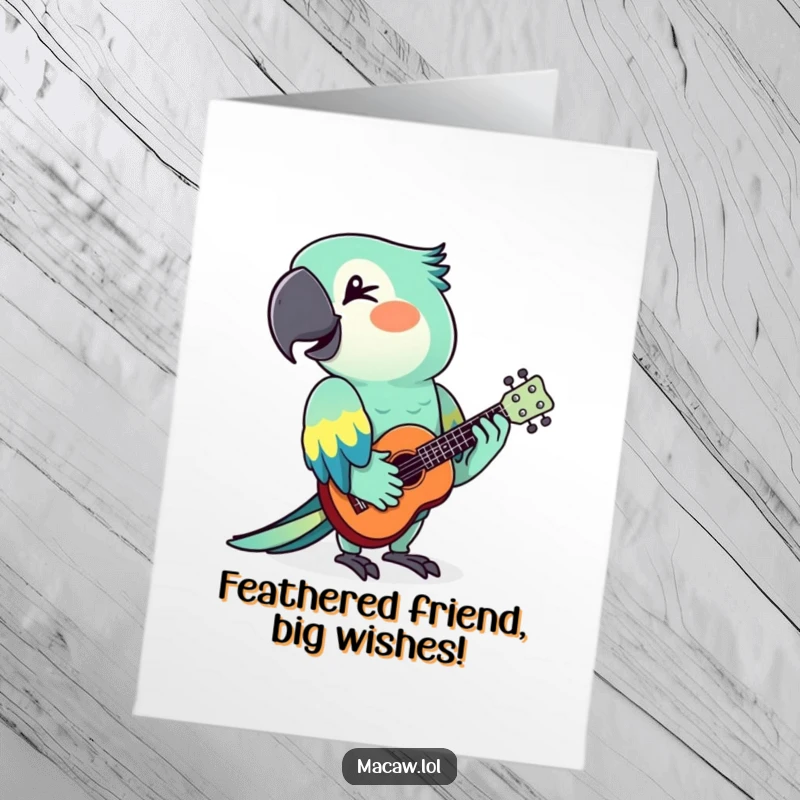 Funny Free Printable Birthday Card featuring a stylized macaw winking and rocking out on a miniature ukulele, ready to party.