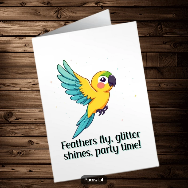 Funny Free Printable Birthday Card: A vibrant macaw soaring through a rainbow glitter shower, spreading birthday cheer.