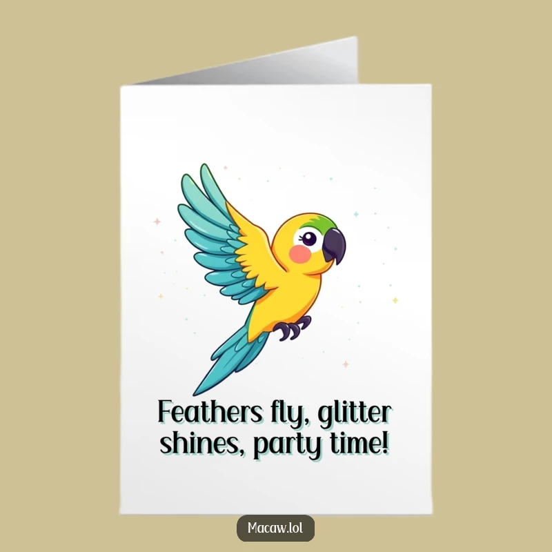 Free Printable Birthday Card: Funny Flying Macaw Glitter Explosion Downloadable Gift