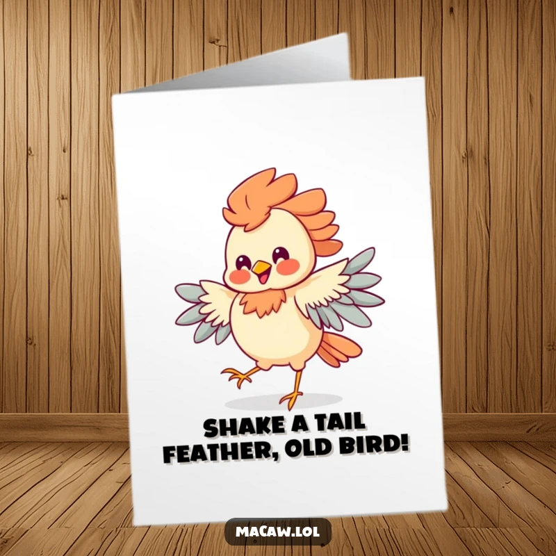 Funny Free Printable Birthday Card: A colorful bird with elaborate plumage doing a silly jig with a huge grin.