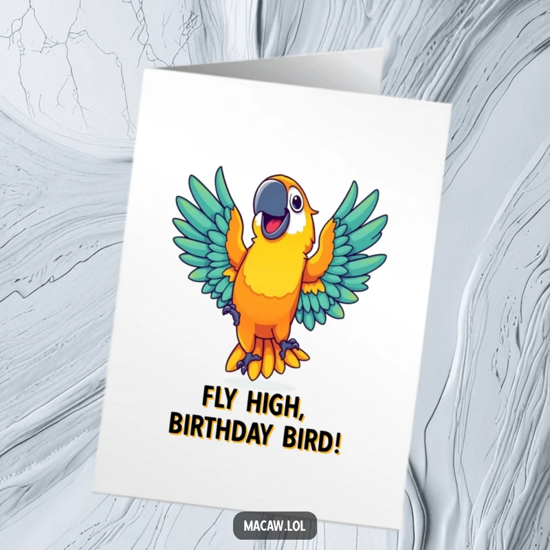 Funny Free Printable Birthday Card: A vibrant macaw with a wide grin dances with outstretched wings, a festive DIY gift.