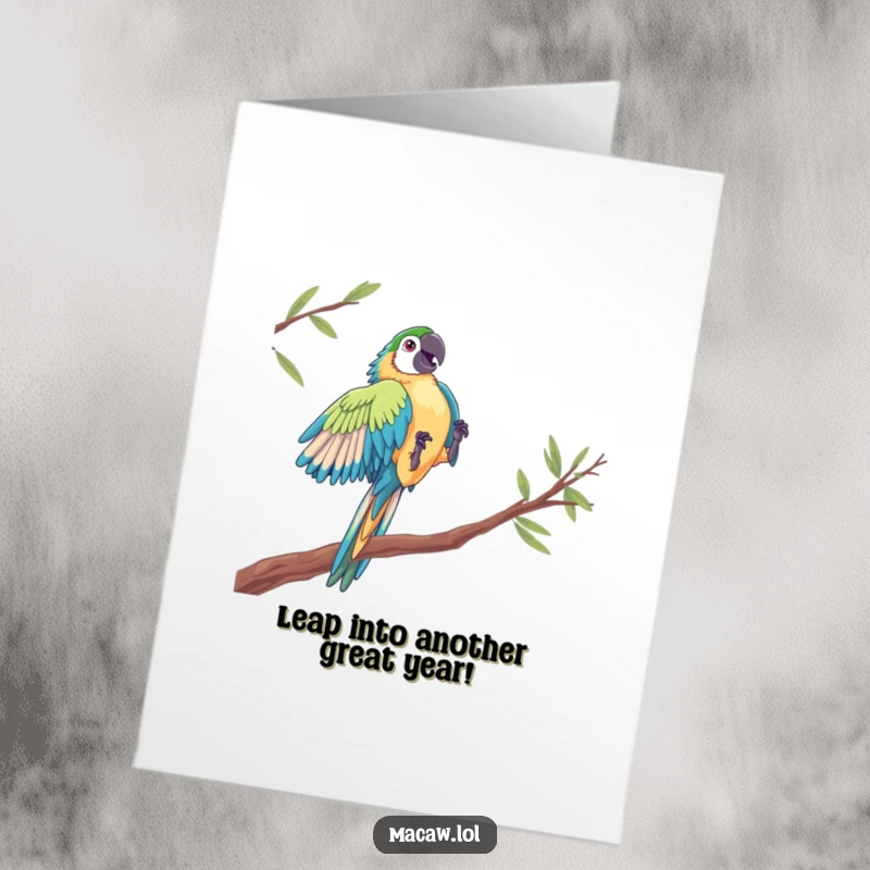 Funny Free Printable Birthday Card: A macaw captured mid-air during a dramatic, acrobatic leap between perches.