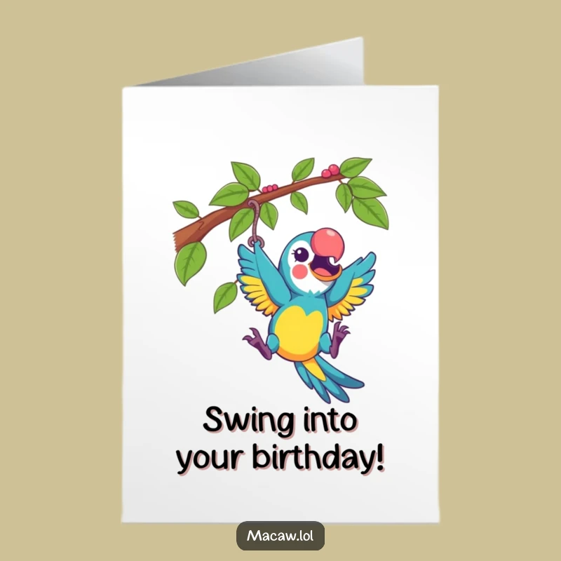 Free Printable Birthday Card: Excited Macaw Vine Swing, Fun Downloadable Gift
