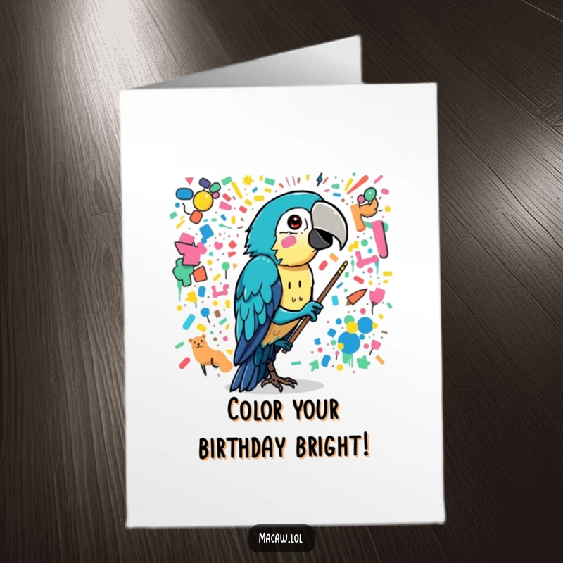 Funny Free Printable Birthday Card: A macaw artistically splattering paint from its beak, creating a wonderfully chaotic and colorful mural for a birthday.