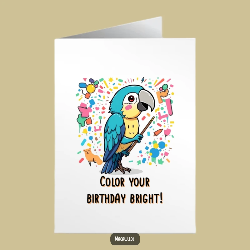 Free Printable Birthday Card: Funny Macaw Art Chaos Greeting Downloadable Gift