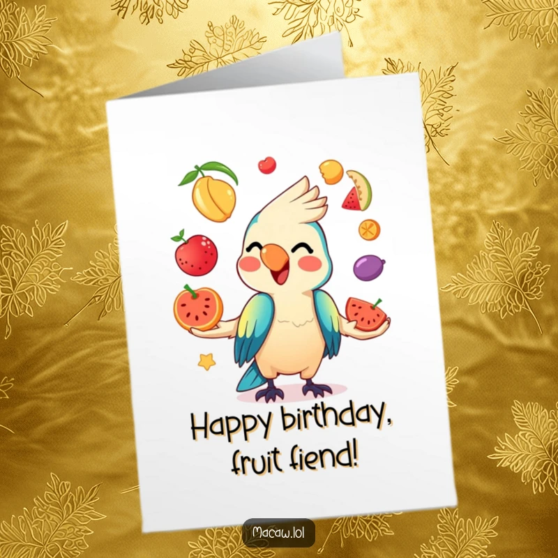 Funny Free Printable Birthday Card: A kawaii macaw with a mischievous grin juggles colorful fruits.