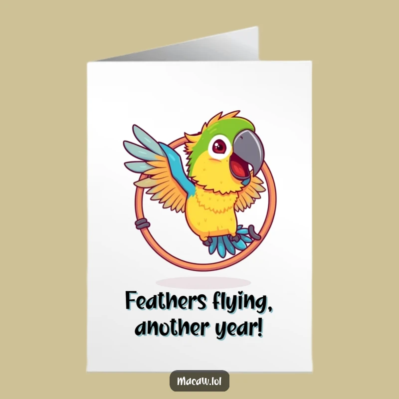 Free Printable Birthday Card: Funny Ruffled Macaw Hoop Jump Gift