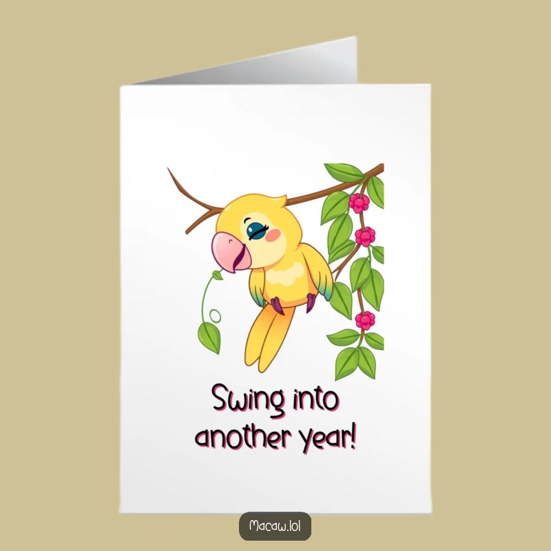 Free Printable Birthday Card: Playful Macaw Vine Tug Funny Downloadable Gift