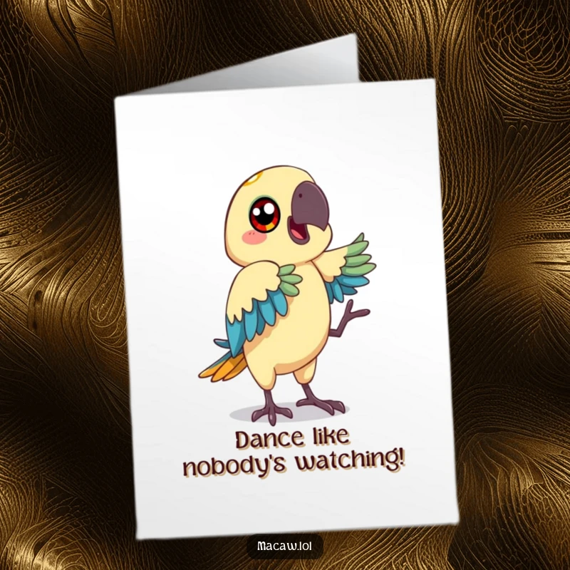 Funny Free Printable macaw birthday card, a bird with big happy eyes mimicking a funny dance move, playful and energetic.
