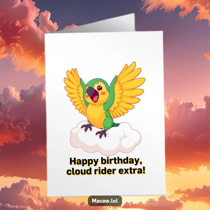 Funny Free Printable Birthday Card: Macaw bird joyfully rides a fluffy cloud, wings flapping, celebrating a birthday in the sky.