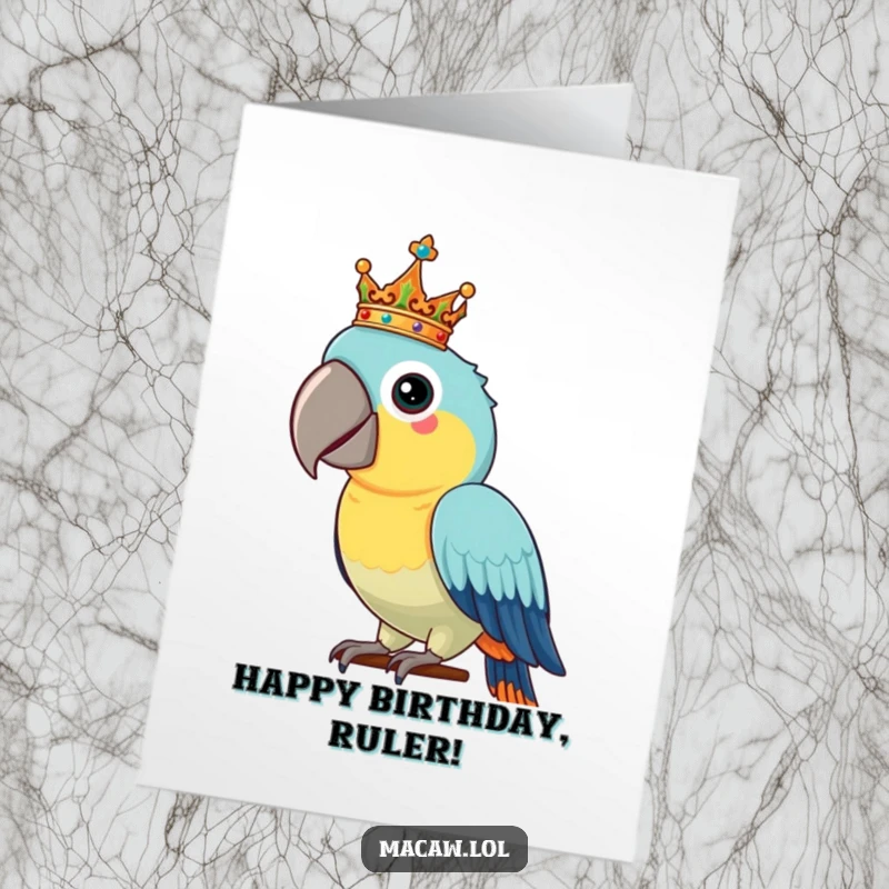 Funny Free Printable Macaw Birthday Card: Proud bird with an ornate crown perched jauntily on its head.