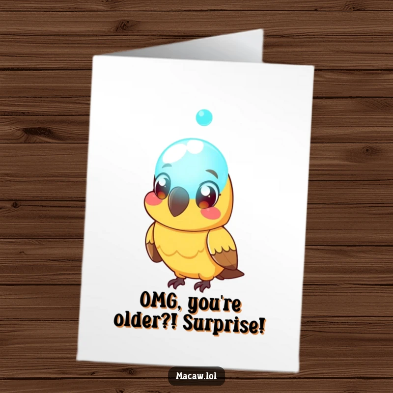 Funny Free Printable Birthday Card: Macaw bird with huge surprised eyes stares at a mysterious glowing orb, a birthday wish.