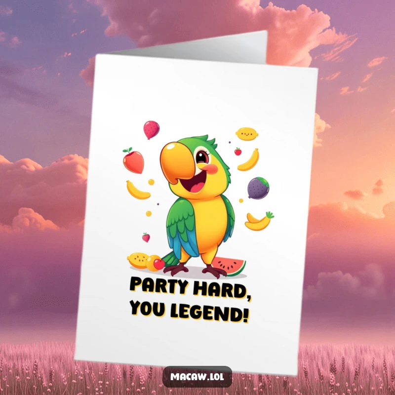Funny Free Printable Birthday Card: Vibrant macaw smiling wide, expertly juggling colorful fruits, wishing a happy birthday.