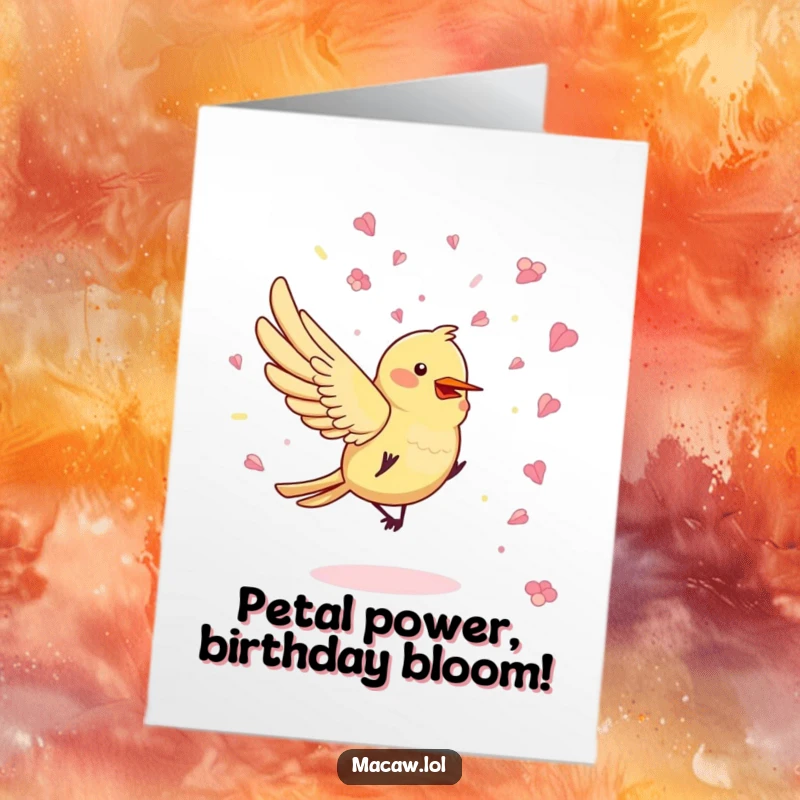 Funny Free Printable Birthday Card: A bird playfully tossing confetti made entirely of colorful flower petals.