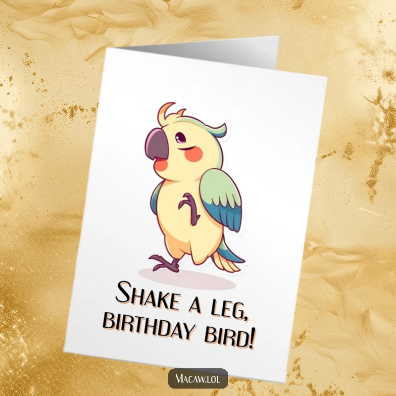Funny Free Printable Birthday Card: A joyful macaw comically dancing with its foot rhythmically tapping to an unseen, upbeat tune.