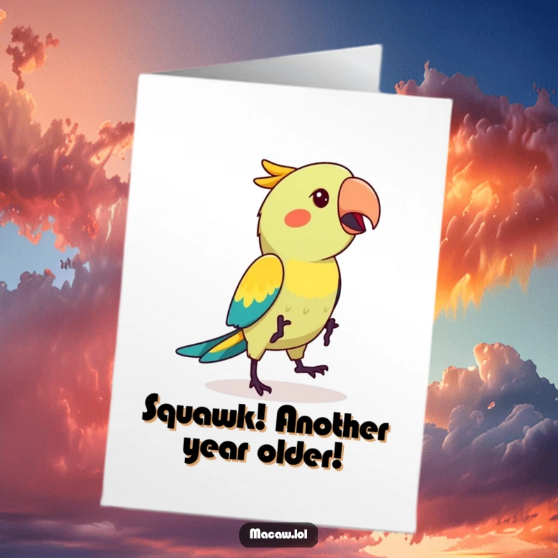 Funny Free Printable Birthday Card: Kawaii macaw bird doing a silly hop dance, spreading joy and birthday cheer.