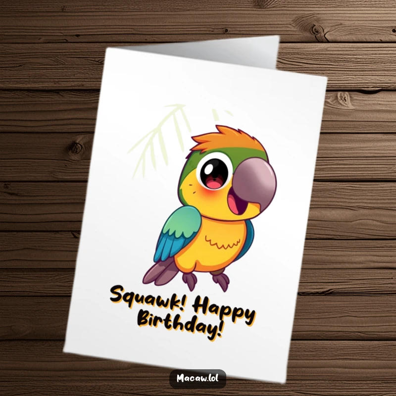 Funny Free Printable Birthday Card: Vibrantly colored macaw bird with large curious eyes squawking happily.