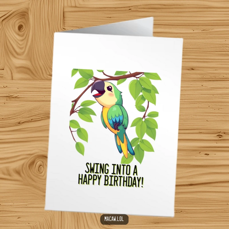 Funny Free Printable macaw birthday card, a delighted bird swinging on a vine and singing loudly, full of energy and joy.