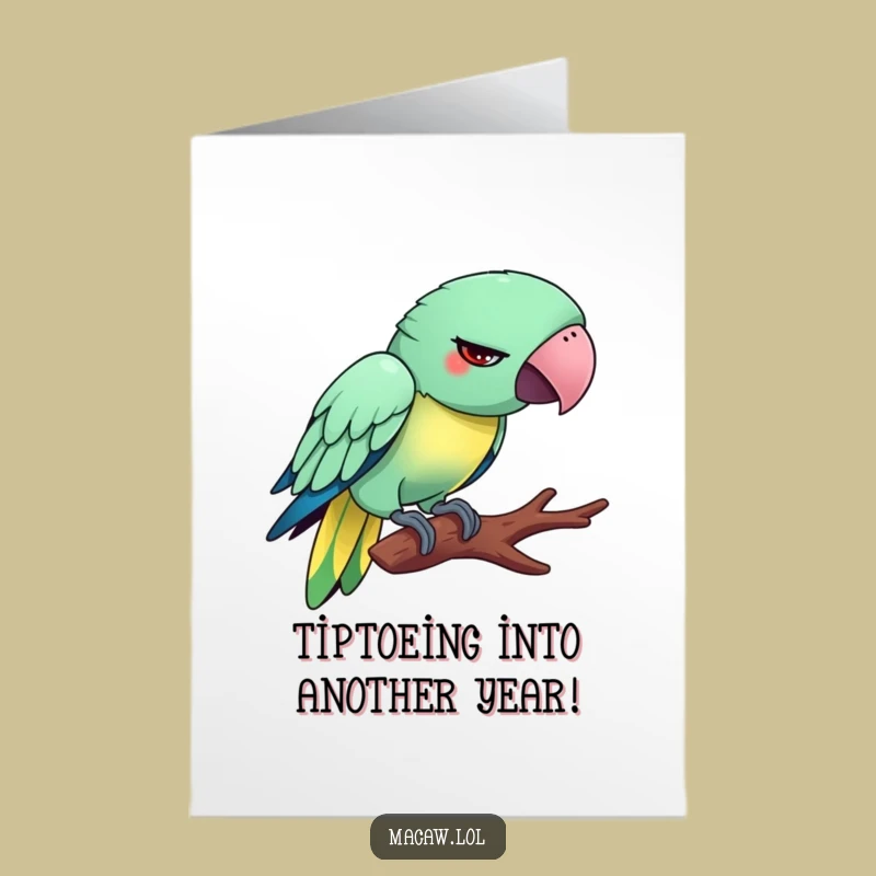 Free Printable Birthday Card: Funny Tiptoeing Macaw Downloadable Gift