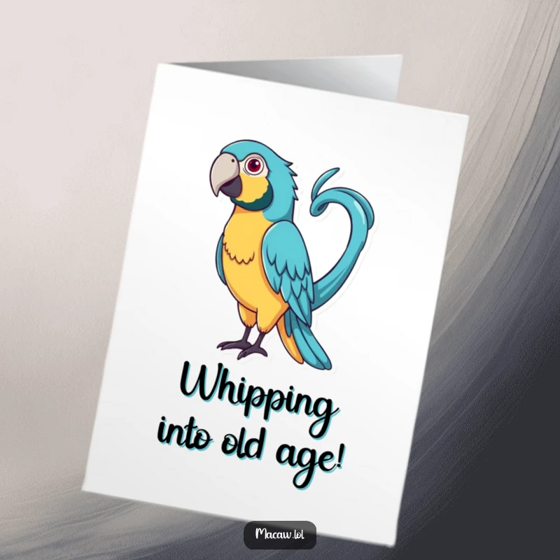 Funny Free Printable Birthday Card: Macaw with a very long, curly tail playfully whipping it around, a downloadable birthday greeting.