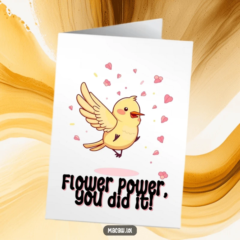Funny Free Printable Congratulations Card: A bird scattering a playful shower of vibrant flower petal confetti.