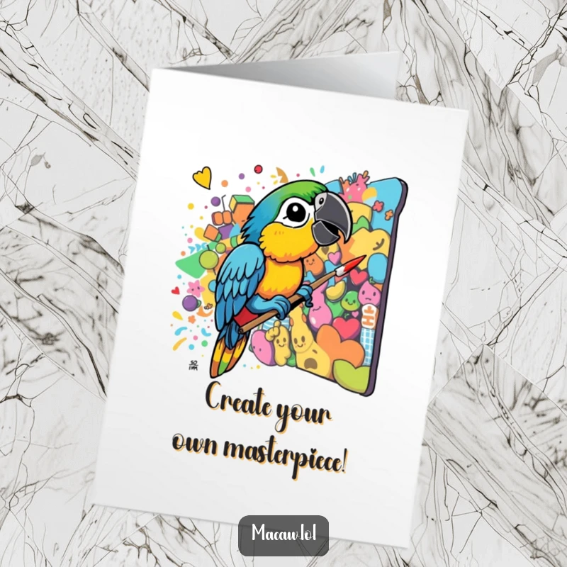 Free Printable Congratulations Card: A macaw using its beak to paint a wildly colorful and abstract mural, celebrating achievement.