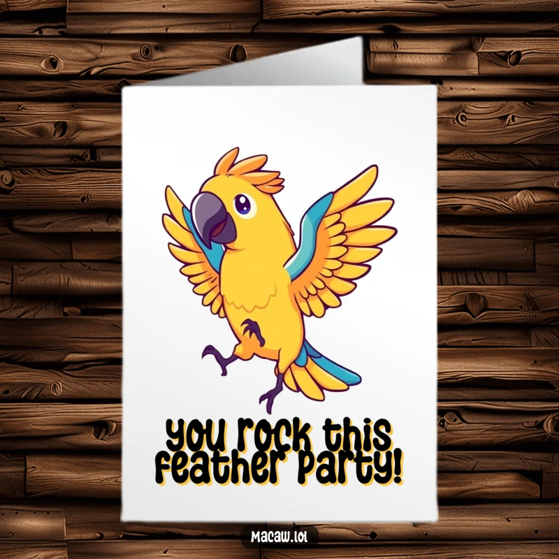Funny Free Printable Congrats Card: Stylized macaw bird with fanned tail feathers enthusiastically celebrating.