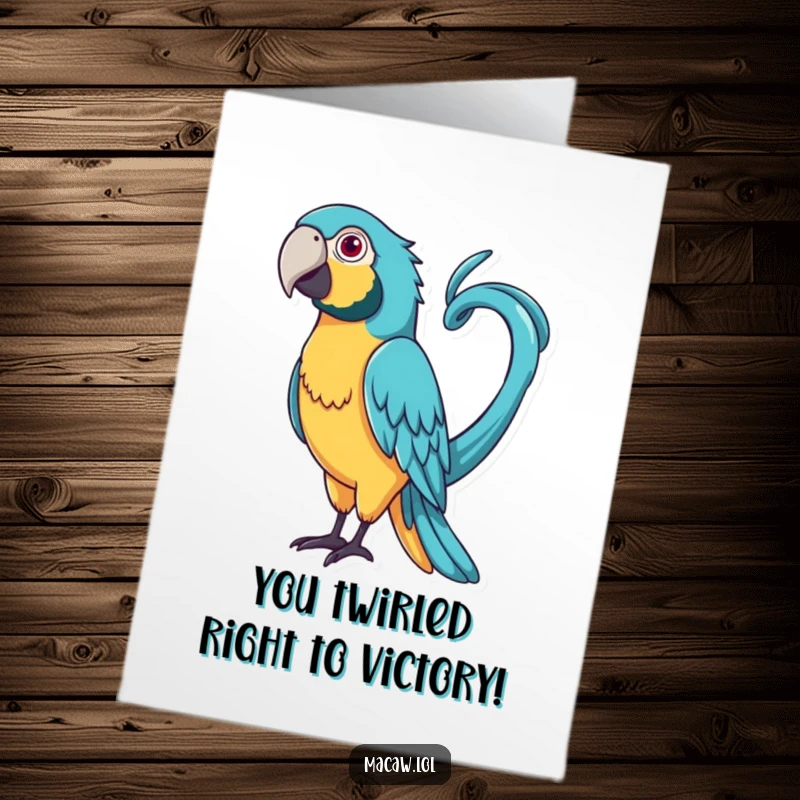 Funny Free Printable Congrats Card: Macaw with a very long, curly tail playfully whipping it around, a downloadable congratulatory artwork.