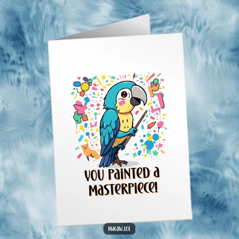 Funny Free Printable Congrats Card: A macaw beak paints a wild, colorful, and chaotic mural, symbolizing a brilliantly messy achievement.
