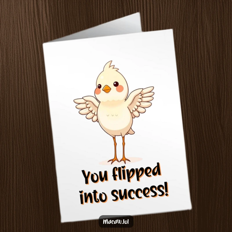 Funny Free Printable Congrats Card: A proud bird triumphantly stands on its head, wings flapping, celebrating a fantastic accomplishment.