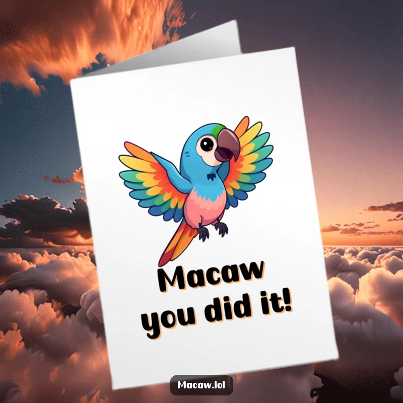 Funny Free Printable Congratulations Card: a kawaii macaw bird with spread wings displaying brilliant, swirling colors for celebration.