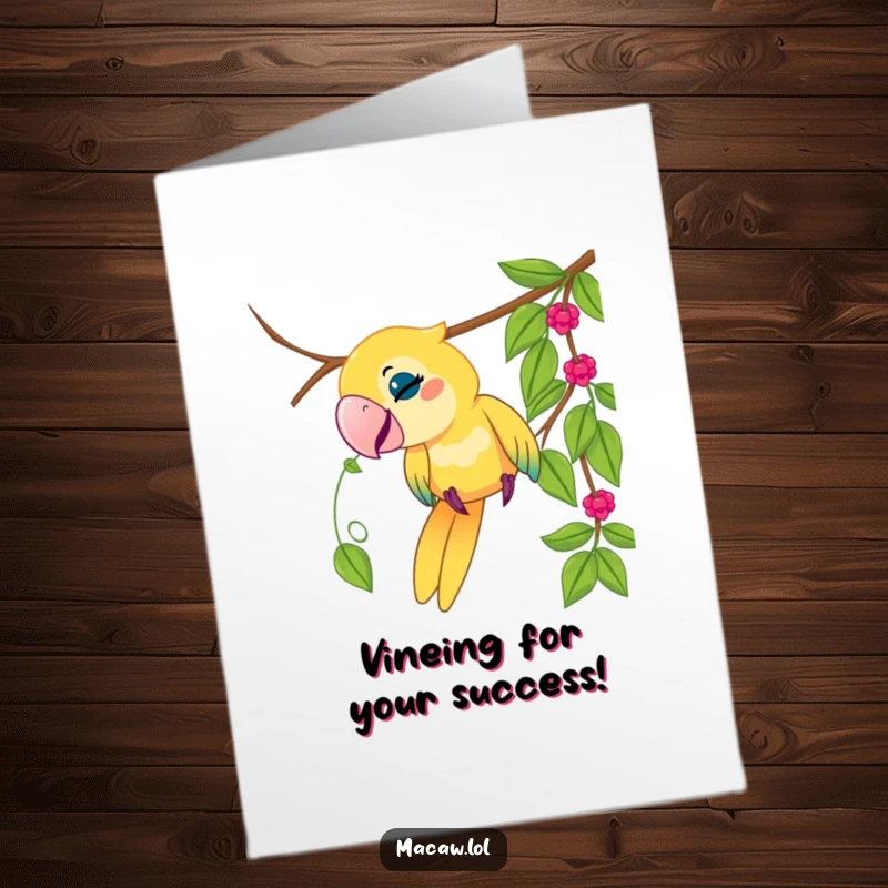 Funny Free Printable Congrats Card: Playful macaw bird playfully tugging on a dangling vine.